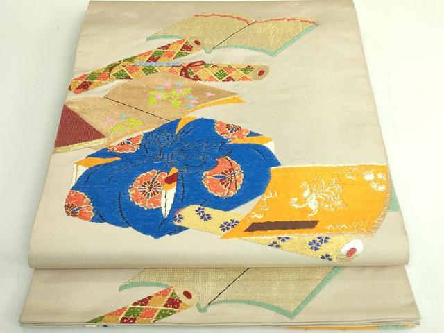 平和屋着物●極上　龍村美術織物　たつむら　太鼓柄　本袋帯　冊子蒔絵文　金糸　白橡色地　逸品　DZAB3916kh6