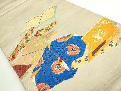 平和屋着物●極上　龍村美術織物　たつむら　太鼓柄　本袋帯　冊子蒔絵文　金糸　白橡色地　逸品　DZAB3916kh6