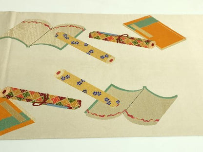 平和屋着物●極上　龍村美術織物　たつむら　太鼓柄　本袋帯　冊子蒔絵文　金糸　白橡色地　逸品　DZAB3916kh6