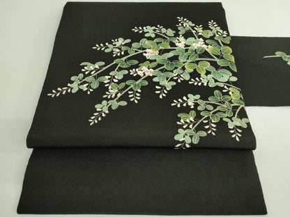 平和屋着物●極上　九寸名古屋帯　萩花文　黒地　鬼しぼ縮緬　逸品　DZAB3930kh6