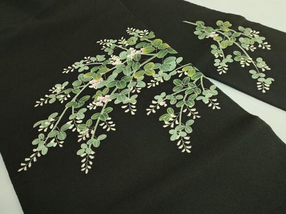 平和屋着物●極上　九寸名古屋帯　萩花文　黒地　鬼しぼ縮緬　逸品　DZAB3930kh6