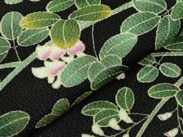 平和屋着物●極上　九寸名古屋帯　萩花文　黒地　鬼しぼ縮緬　逸品　DZAB3930kh6