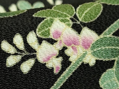 平和屋着物●極上　九寸名古屋帯　萩花文　黒地　鬼しぼ縮緬　逸品　DZAB3930kh6