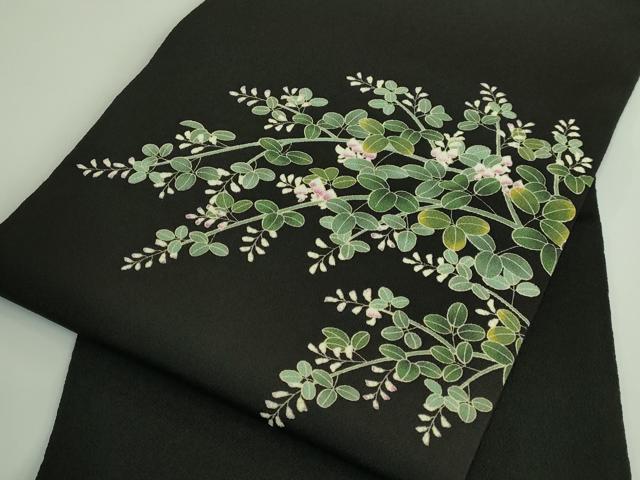 平和屋着物●極上　九寸名古屋帯　萩花文　黒地　鬼しぼ縮緬　逸品　DZAB3930kh6
