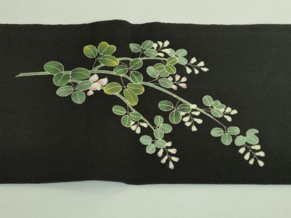 平和屋着物●極上　九寸名古屋帯　萩花文　黒地　鬼しぼ縮緬　逸品　DZAB3930kh6