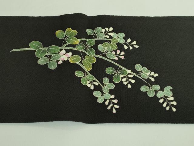平和屋着物●極上　九寸名古屋帯　萩花文　黒地　鬼しぼ縮緬　逸品　DZAB3930kh6