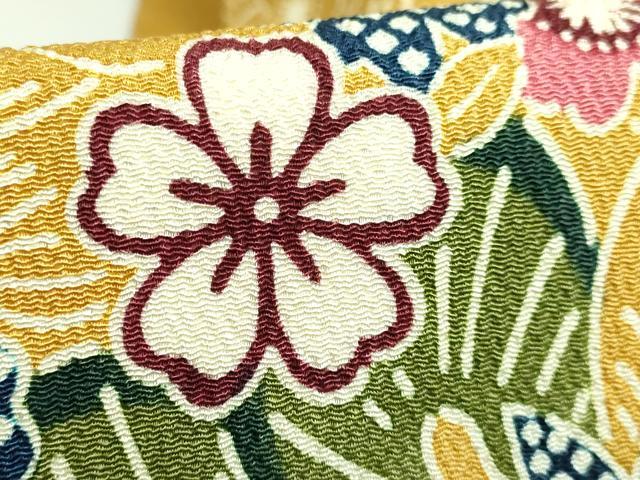 平和屋着物●極上　和染紅型　栗山紅型　栗山吉三郎　九寸名古屋帯　舞花文　山吹茶色　鬼しぼ縮緬　逸品　DZAB3931kh6