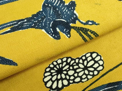 平和屋本店●極上 九寸名古屋帯 紅型 紬地 群れ鳥 証紙・反端付き 逸品 DZAB3932kh6