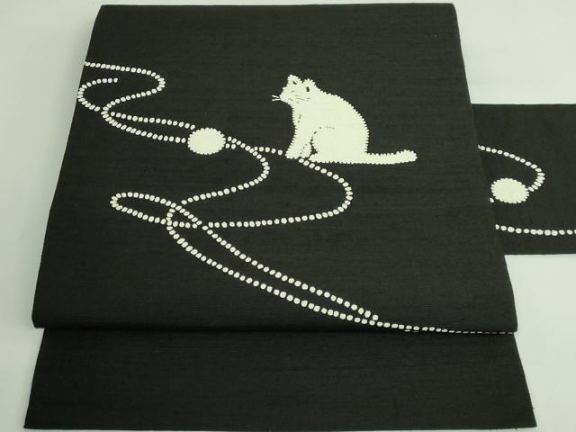 平和屋着物●極上　九寸名古屋帯　紬地　猫　毛糸　黒地　逸品　DZAB3933kh6