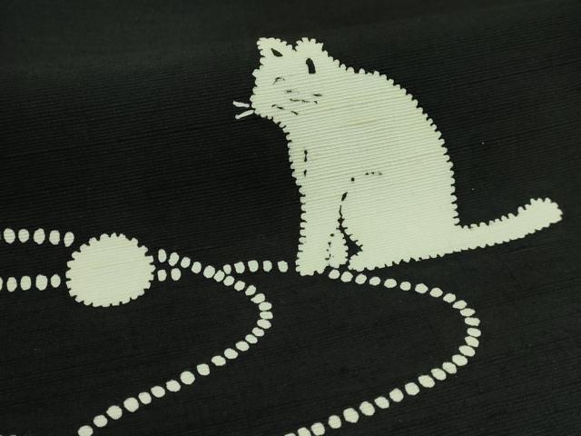 平和屋着物●極上　九寸名古屋帯　紬地　猫　毛糸　黒地　逸品　DZAB3933kh6