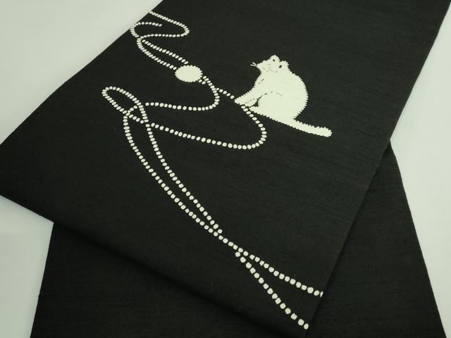 平和屋着物●極上　九寸名古屋帯　紬地　猫　毛糸　黒地　逸品　DZAB3933kh6