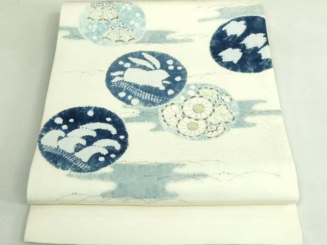 平和屋本店●極上 辻が花作家 小倉建亮の弟子 塩瀬 九寸開き名古屋帯 立波に兎 千鳥 逸品 DZAB3934kh6