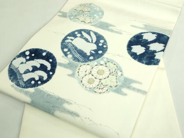 平和屋本店●極上 辻が花作家 小倉建亮の弟子 塩瀬 九寸開き名古屋帯 立波に兎 千鳥 逸品 DZAB3934kh6