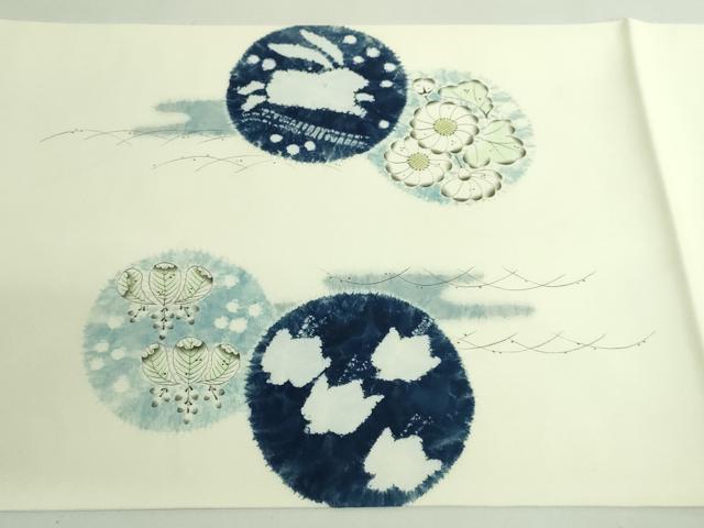 平和屋本店●極上 辻が花作家 小倉建亮の弟子 塩瀬 九寸開き名古屋帯 立波に兎 千鳥 逸品 DZAB3934kh6