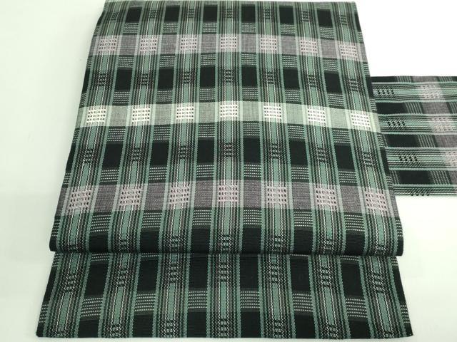 平和屋着物●極上　九寸名古屋帯　紬地　格子　黒地　逸品　DZAB3958kh6