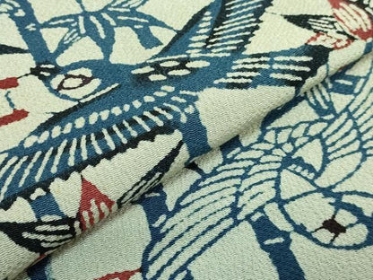 平和屋本店●極上　浦野理一　型染　九寸名古屋帯　笹竹に鳥　鬼しぼ縮緬　逸品　DZAB3964kh6