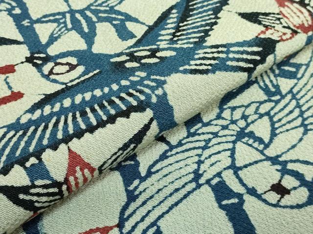 平和屋本店●極上　浦野理一　型染　九寸名古屋帯　笹竹に鳥　鬼しぼ縮緬　逸品　DZAB3964kh6
