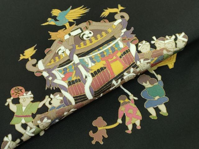 平和屋着物●極上　塩瀬　九寸名古屋帯　お祭り　神輿　黒地　金彩　逸品　DZAB3965kh6