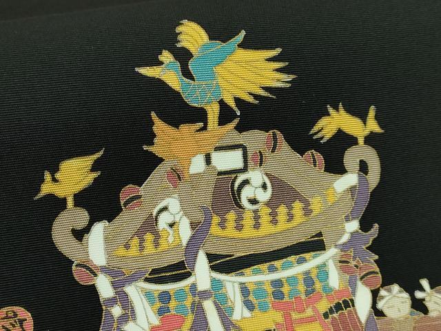 平和屋着物●極上　塩瀬　九寸名古屋帯　お祭り　神輿　黒地　金彩　逸品　DZAB3965kh6