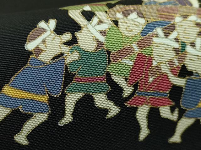 平和屋着物●極上　塩瀬　九寸名古屋帯　お祭り　神輿　黒地　金彩　逸品　DZAB3965kh6