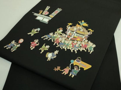 平和屋着物●極上　塩瀬　九寸名古屋帯　お祭り　神輿　黒地　金彩　逸品　DZAB3965kh6