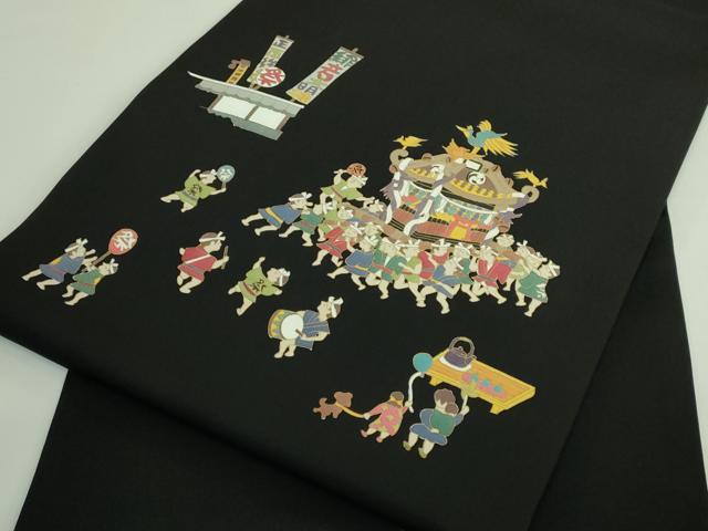 平和屋着物●極上　塩瀬　九寸名古屋帯　お祭り　神輿　黒地　金彩　逸品　DZAB3965kh6
