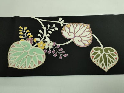 平和屋着物●極上　塩瀬　九寸名古屋帯　葵　黒地　金彩　逸品　DZAB3968kh6