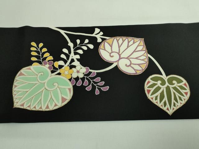 平和屋着物●極上　塩瀬　九寸名古屋帯　葵　黒地　金彩　逸品　DZAB3968kh6