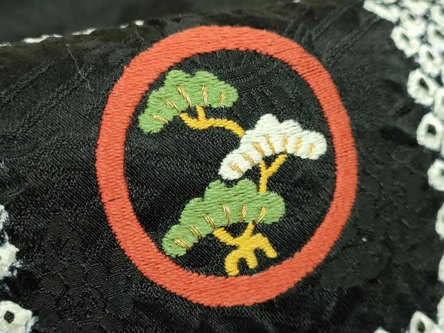 平和屋着物●極上　九寸名古屋帯　刺繍　絞り　市松花文　黒地　逸品　DZAB3969kh6