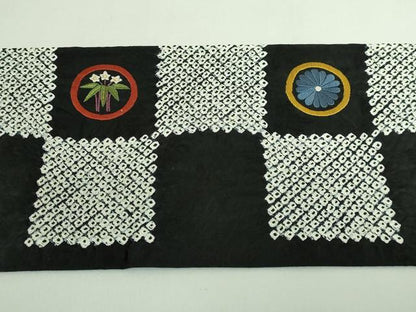 平和屋着物●極上　九寸名古屋帯　刺繍　絞り　市松花文　黒地　逸品　DZAB3969kh6