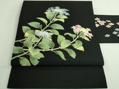 平和屋着物●極上　九寸名古屋帯　紫陽花　黒地　鬼しぼ縮緬　逸品　DZAB3971kh6