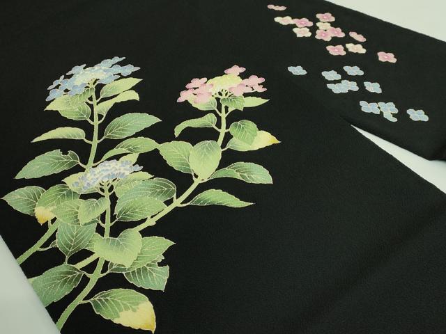 平和屋着物●極上　九寸名古屋帯　紫陽花　黒地　鬼しぼ縮緬　逸品　DZAB3971kh6