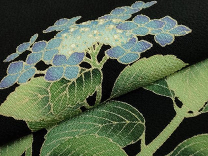 平和屋着物●極上　九寸名古屋帯　紫陽花　黒地　鬼しぼ縮緬　逸品　DZAB3971kh6