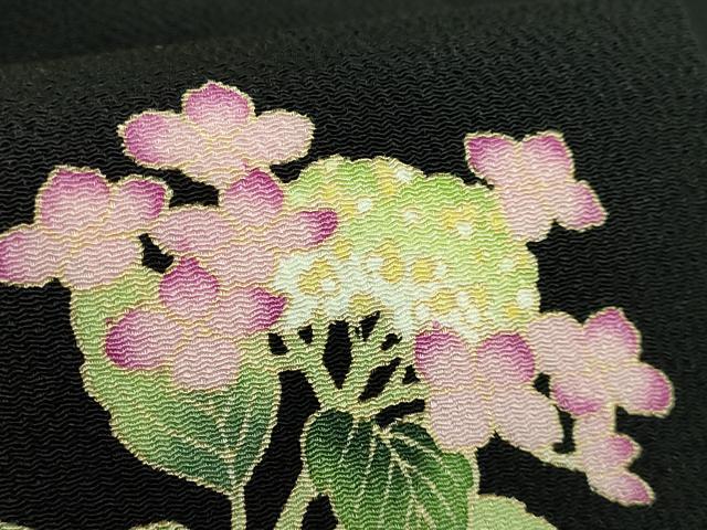 平和屋着物●極上　九寸名古屋帯　紫陽花　黒地　鬼しぼ縮緬　逸品　DZAB3971kh6
