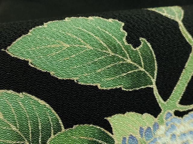 平和屋着物●極上　九寸名古屋帯　紫陽花　黒地　鬼しぼ縮緬　逸品　DZAB3971kh6