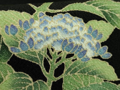 平和屋着物●極上　九寸名古屋帯　紫陽花　黒地　鬼しぼ縮緬　逸品　DZAB3971kh6