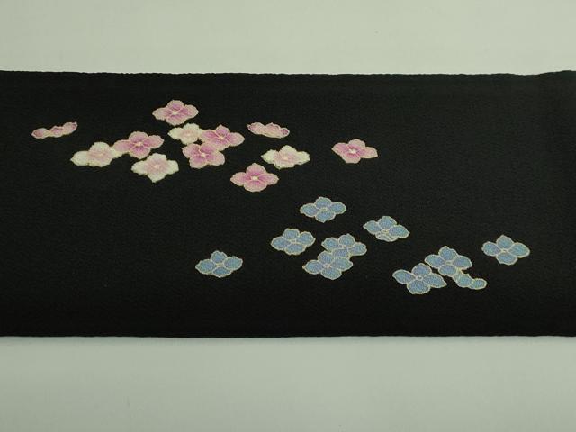 平和屋着物●極上　九寸名古屋帯　紫陽花　黒地　鬼しぼ縮緬　逸品　DZAB3971kh6