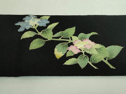 平和屋着物●極上　九寸名古屋帯　紫陽花　黒地　鬼しぼ縮緬　逸品　DZAB3971kh6