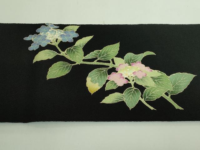 平和屋着物●極上　九寸名古屋帯　紫陽花　黒地　鬼しぼ縮緬　逸品　DZAB3971kh6