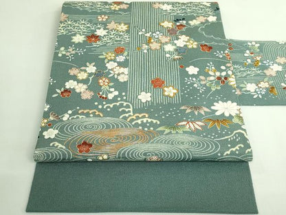 平和屋本店●極上　九寸名古屋帯　駒刺繍　流水花文　金糸　鬼しぼ縮緬　逸品　DZAB3972kh6