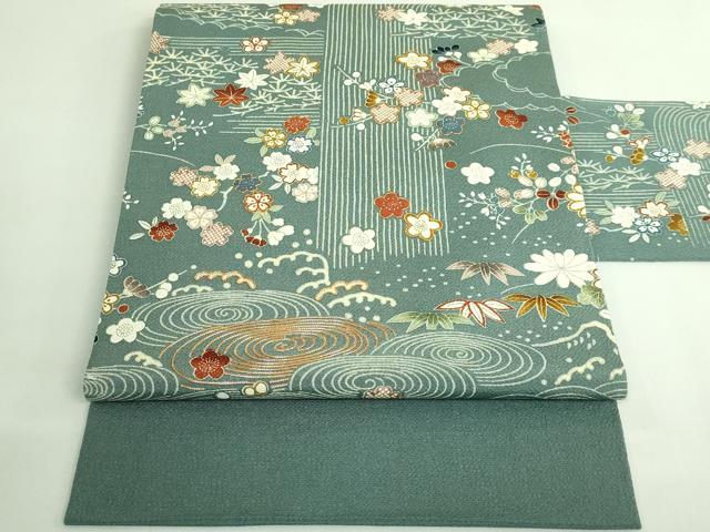 平和屋本店●極上　九寸名古屋帯　駒刺繍　流水花文　金糸　鬼しぼ縮緬　逸品　DZAB3972kh6