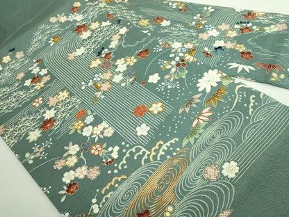 平和屋本店●極上　九寸名古屋帯　駒刺繍　流水花文　金糸　鬼しぼ縮緬　逸品　DZAB3972kh6