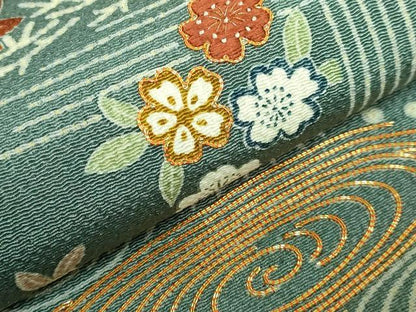 平和屋本店●極上　九寸名古屋帯　駒刺繍　流水花文　金糸　鬼しぼ縮緬　逸品　DZAB3972kh6