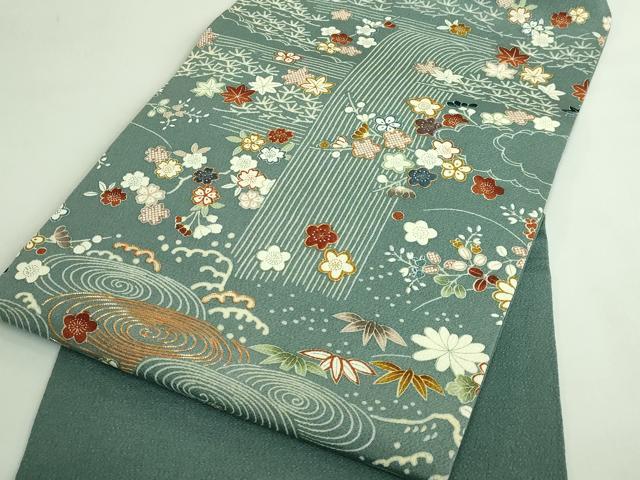 平和屋本店●極上　九寸名古屋帯　駒刺繍　流水花文　金糸　鬼しぼ縮緬　逸品　DZAB3972kh6