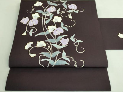 平和屋着物●極上　塩瀬　九寸名古屋帯　花唐草　黒鳶色地　金彩　逸品　DZAB3974kh6