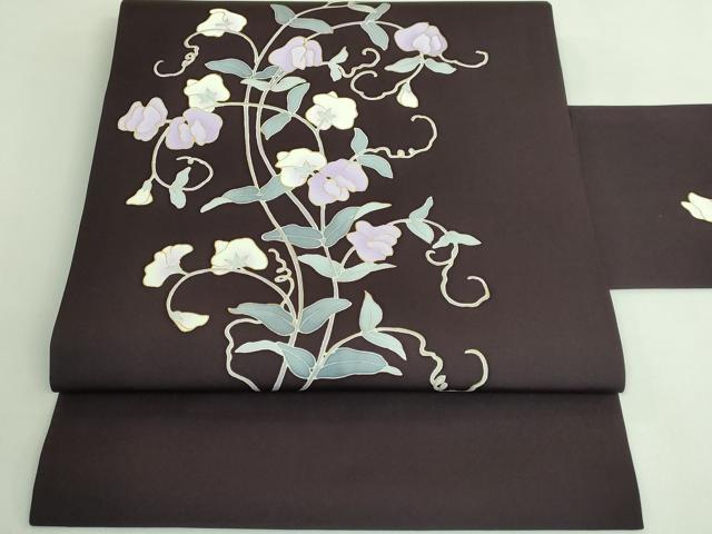 平和屋着物●極上　塩瀬　九寸名古屋帯　花唐草　黒鳶色地　金彩　逸品　DZAB3974kh6