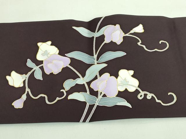 平和屋着物●極上　塩瀬　九寸名古屋帯　花唐草　黒鳶色地　金彩　逸品　DZAB3974kh6