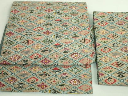 平和屋本店●極上 浦野理一 型染 つけ帯 網目吉祥文 鬼しぼ縮緬 逸品 DZAB3977kh6