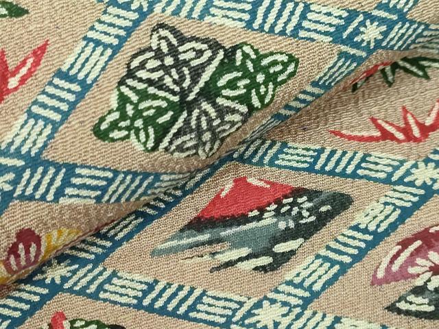 平和屋本店●極上 浦野理一 型染 つけ帯 網目吉祥文 鬼しぼ縮緬 逸品 DZAB3977kh6