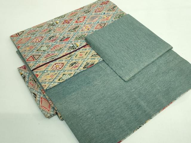 平和屋本店●極上 浦野理一 型染 つけ帯 網目吉祥文 鬼しぼ縮緬 逸品 DZAB3977kh6